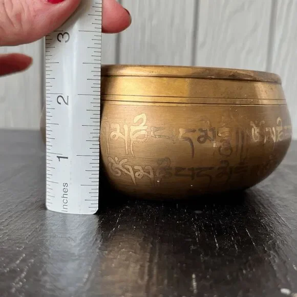Brass Buddha Singing Bowl with Engraved Sanskrit Mantras 5x2 10oz